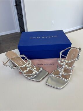 Stuart Weitzman faux pearl knot 80 open toe sandals heels liquid silver metallic